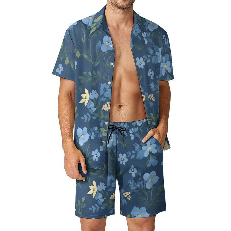 Conjunto de camisa floral masculina, lindos conjuntos de flores azuis, tamanho grande, shorts de manga curta, moda praia casual, terno verão