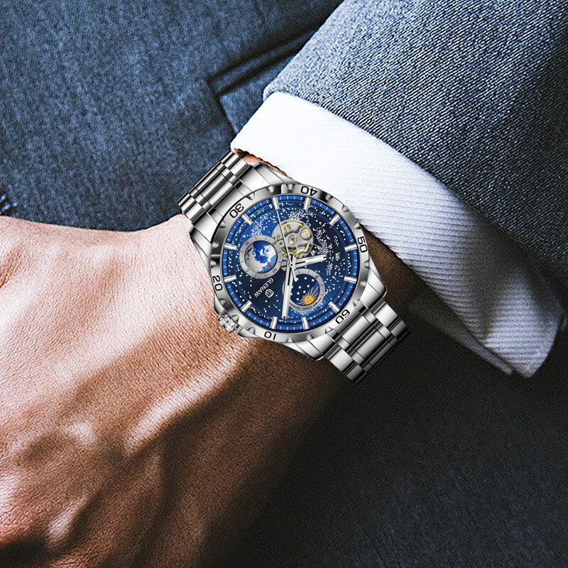 GLENAW-Relógio de pulso masculino rotativo, duplo segundo mão, relógio mecânico automático, céu estrelado, aço inoxidável, pulseira de couro