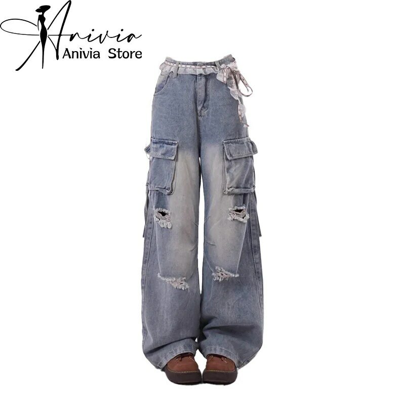 Y2k celana Jin kargo sobek untuk wanita, celana panjang Denim longgar Harajuku bergaya Jepang 2000s, celana jins ukuran besar 2024 untuk wanita