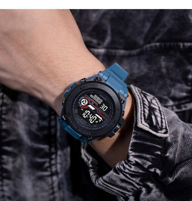 Jam tangan Digital pria, arloji bercahaya tahan air konograf olahraga luar ruangan tampilan LED laki-laki militer