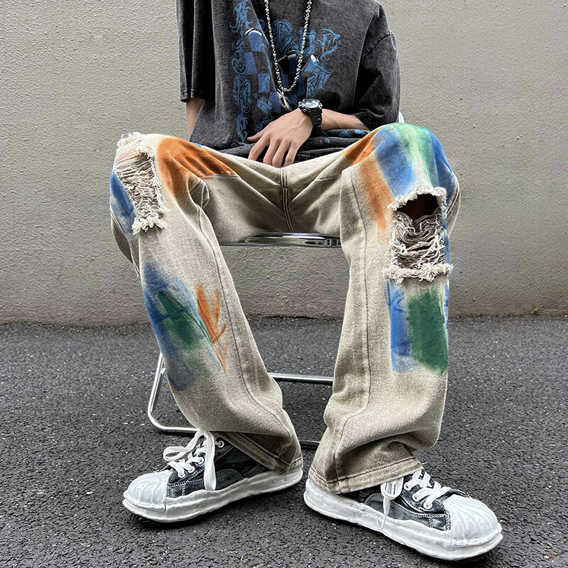 American High Street Torn Hole Graffiti Yellow Mud Work Clothes Jeans Fashion Torn Hole Hip-hop Gothic Jeans 4XL 5XL