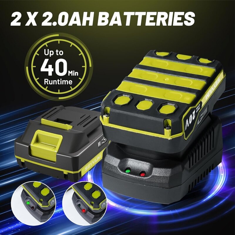 Cordless elétrico Folha Blower para Lawn Care, Battery Powered Folha Blower, 2x2.0Ah bateria e carregador, 500CFM, 20V