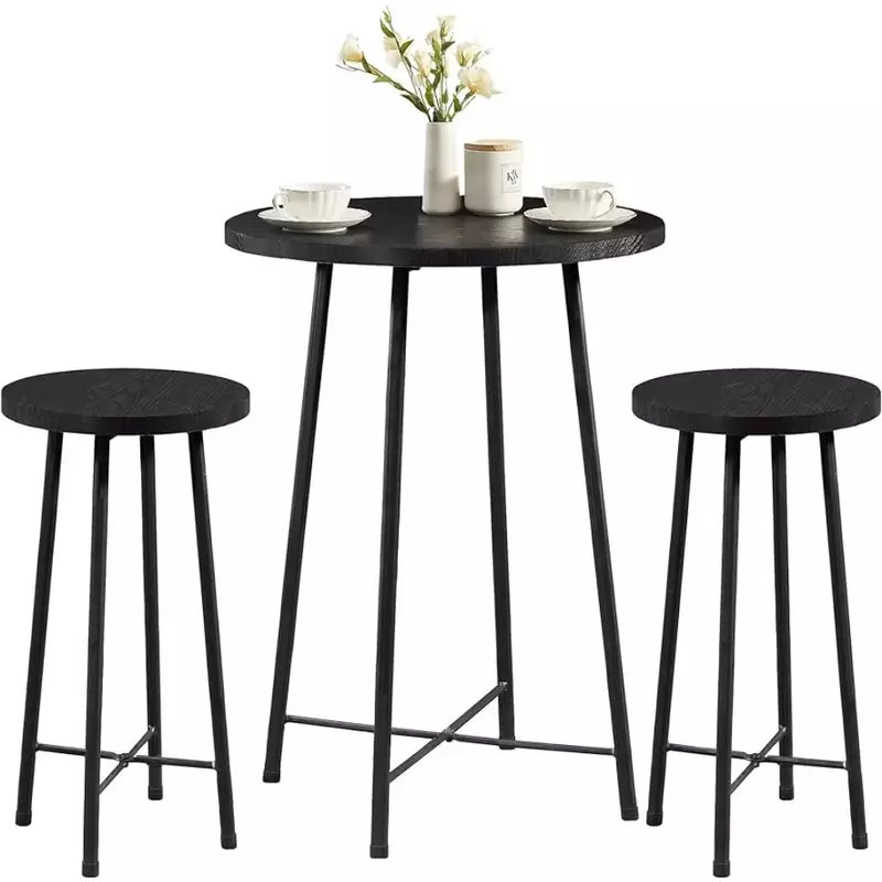 Bar table three-piece dining table set, round furniture and chairs 2-piece set, counter height wooden countertop, black