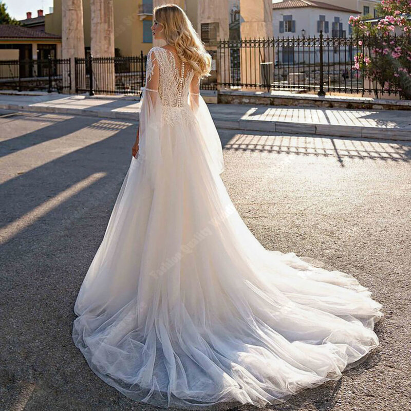 فستان زفاف نسائي بسطح تول رومي ، فتحة حرف V عميقة ، أرواب زفاف ، طول مسح ، فستان أميرة ، بساطة ،