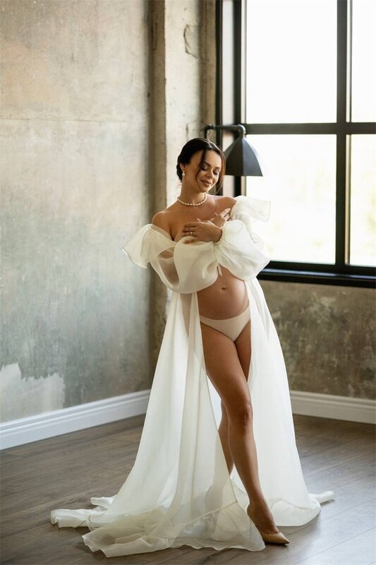 Gaun ibu hamil wanita sifon gaun hamil Lengan penuh leher V untuk pemotretan buatan Costom Babyshower gaun Prom dengan sabuk