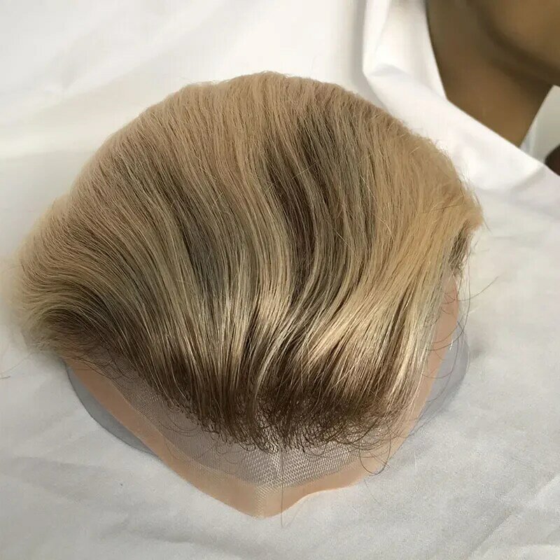100% волосы для мужчин, монокристаллические, кружевные, с покрытием из ПУ, блонд, тонкие, 10 на 8 дюймов