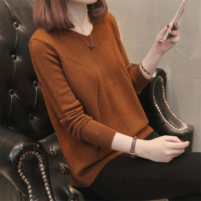 Suéter feminino manga comprida com gola V, tops de tricô, camisa de assentamento, pulôveres primavera, outono, nova moda, 2023