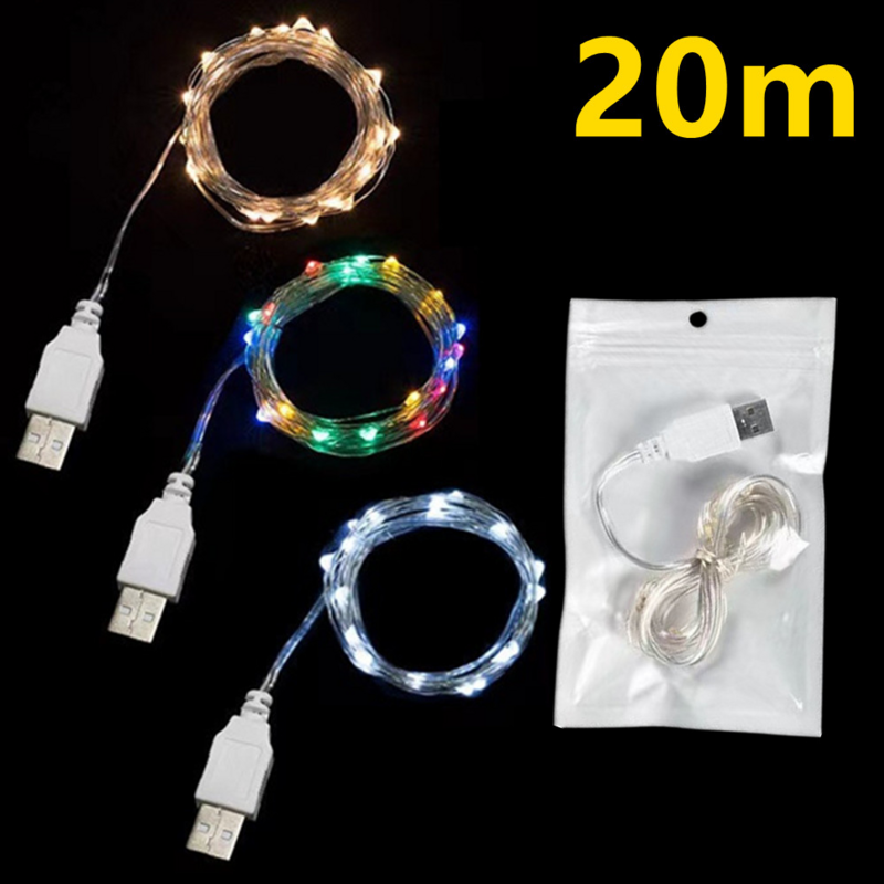 USB LED 스트링 조명, 구리 실버 와이어 화환 조명, 방수 요정 조명, 크리스마스 웨딩 파티 장식, 3 m, 10 m, 20m
