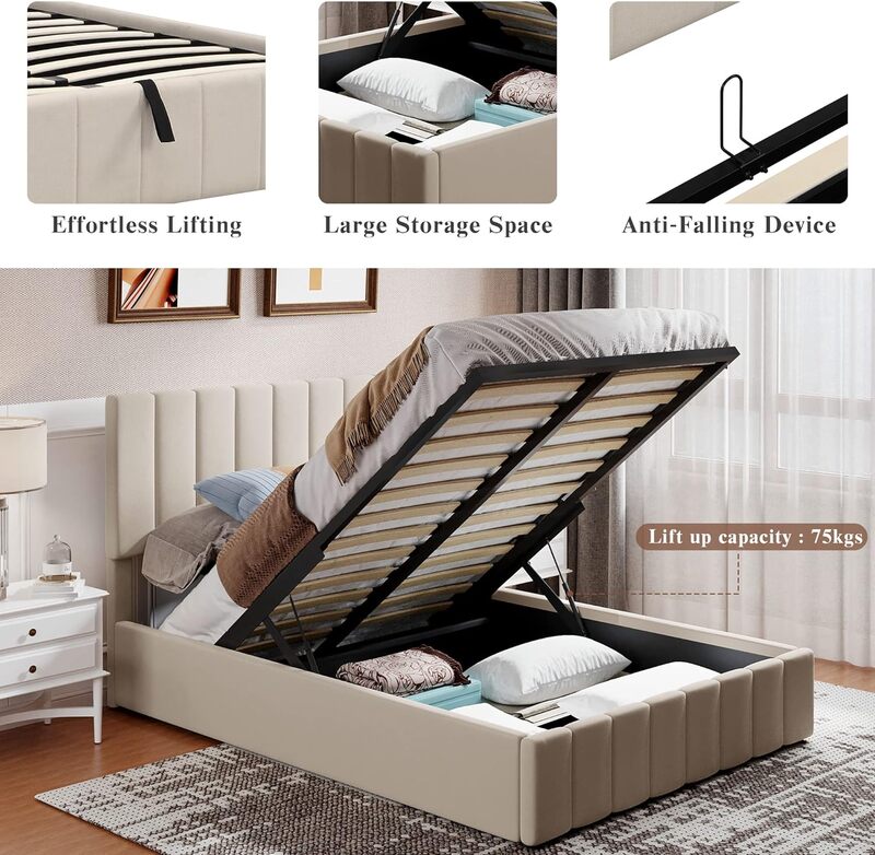 Mengangkat penyimpanan Platform tempat tidur, bingkai tempat tidur berlapis kain dengan papan kepala berumbai, penopang Slat kayu dan penyimpanan di bawah tempat tidur