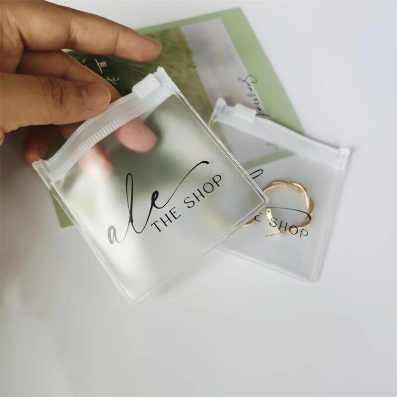 Bolsas de plástico con estampado personalizado, embalaje esmerilado para joyería pequeña, con cremallera y logotipo, para pendientes