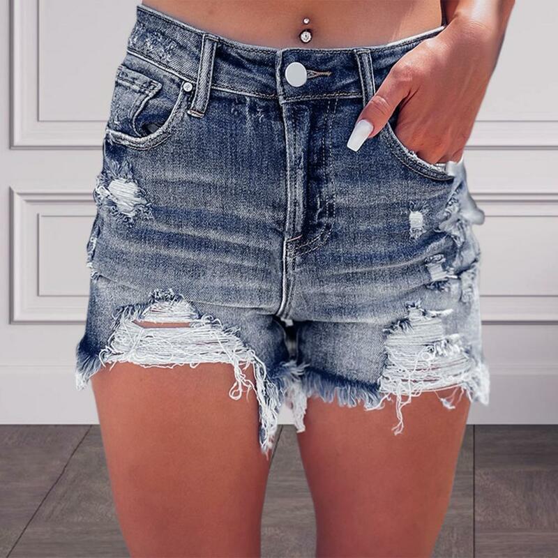 Lady Shorts Stylish Women's Denim Shorts With Ripped Holes High Waist Slim Fit Trendy Button Zipper Closure Stretchy For Hot