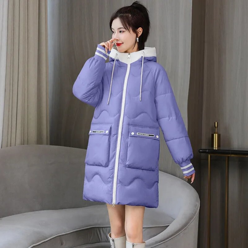 Parka com capuz acolchoado de comprimento médio de algodão solto para mulheres, casaco grosso quente, moda coreana, cor de sucesso, 4XL grande, todos os fósforos, 2023