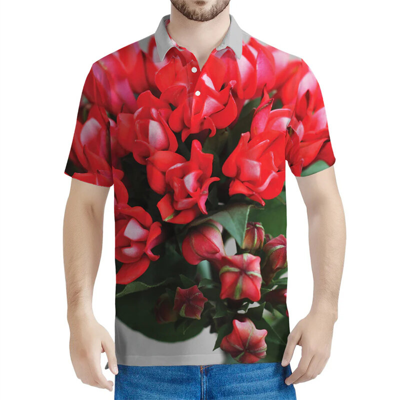 男性と女性のためのシックな植物ポロシャツ,3Dプリントの植物,花のグラフィック,半袖,カジュアル,特大,夏