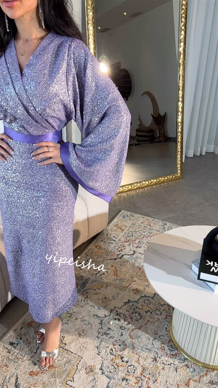 Jiayigong-vestido de satén con volantes, traje Formal con cuello en V, a medida, para ocasiones, Midi, es Arabia Saudita