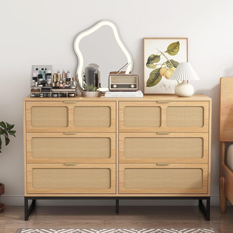 6 Drawer Rattan Dresser Modern Dresser with Rattan Drawers Farmhouse Wood Storage Chest of Drawers for Bedroom, Living Room