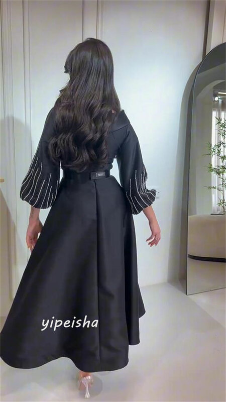 Vestido de graduación de satén drapeado con cuentas entrecruzadas, línea A, cuello en V, vestido de ocasión a medida, vestidos Midi Arabia Saudita