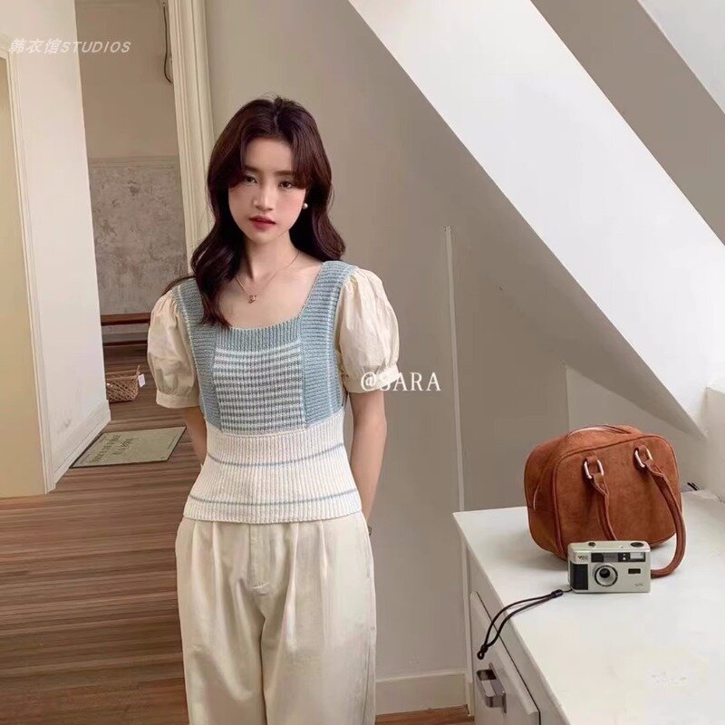 College Style Retro Striped Pullover 2024 Women's Summer Vest Fake Two-piece Set Slimming Casual Short Top Female Clothing