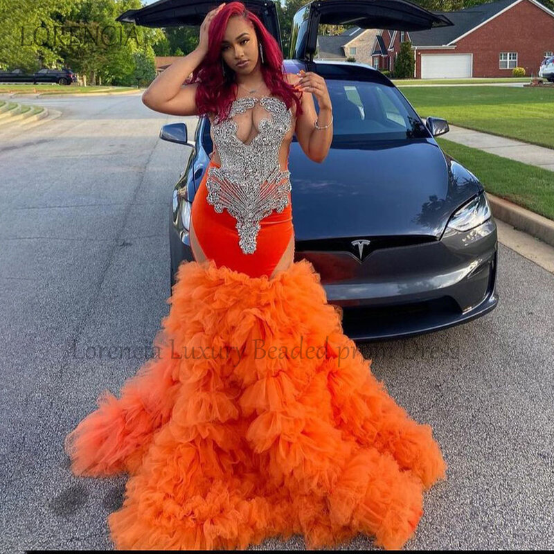 Orange Glitter Mermaid Prom Dresses Beaded Applique Layered Tulle Evening Gowns Sweep Train Black Girls Formal Occasion Dress