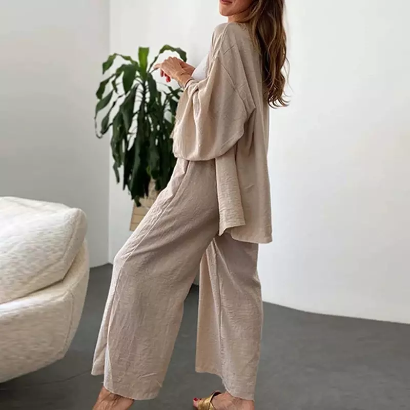 Conjunto feminino de 2 peças de linho de algodão, cardigã manga comprida, tops, calças elásticas de perna larga, terno pijamas, loungewear, roupas femininas