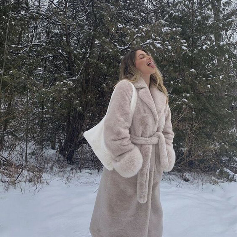 Abrigos largos de invierno de lujo para mujer, abrigo de piel de conejo sintética con cinturón y solapa de gran tamaño, chaqueta de talla grande, abrigos de piel de felpa