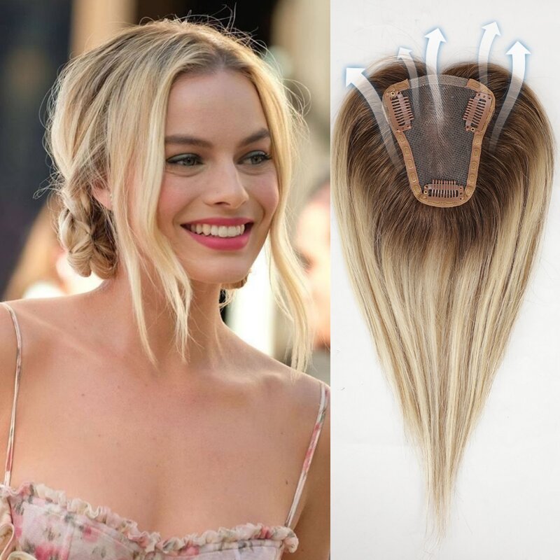 EASIHAIR Human Hair Toppers  Brown to Blonde Omber Base Clip in Topper Middle Part Top Hair for Women with Thinning Hair Clips