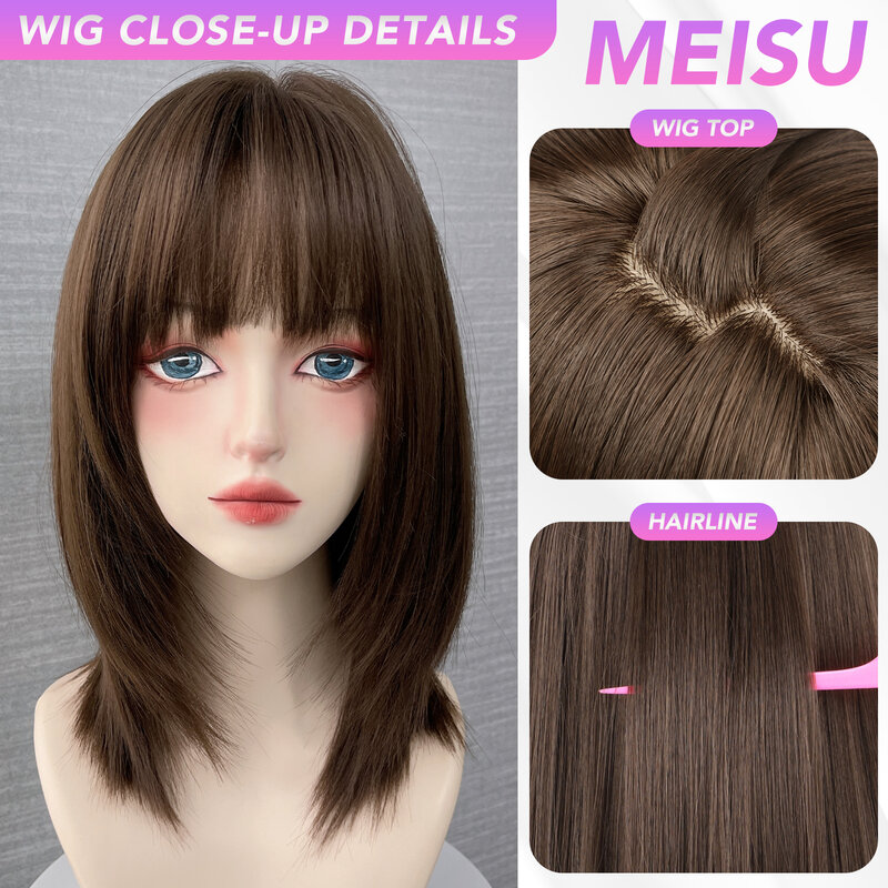 Meisu 16 Inch Bruine Rechte Pony Pruik Vezel Synthetische Pruik Hittebestendige Non-Glare Natuurlijke Cosplay Haarstuk Voor Vrouwen Dagelijks Gebruik