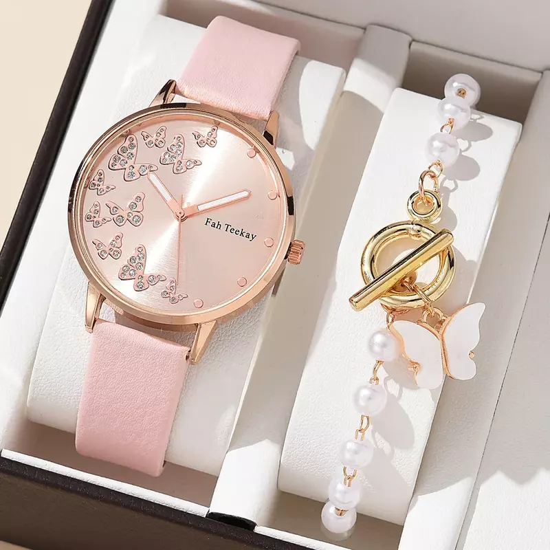 2 stücke Set Damen Schmetterling Uhren Damenmode Uhr neue einfache lässige Frauen Leder Gürtel Armbanduhren Armband Geschenk (keine Box)