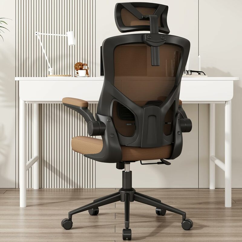 Meja dan kursi jala ergonomis, lengan lipat, penopang pinggang, kursi tugas eksekutif berputar (ibu coklat, modern)