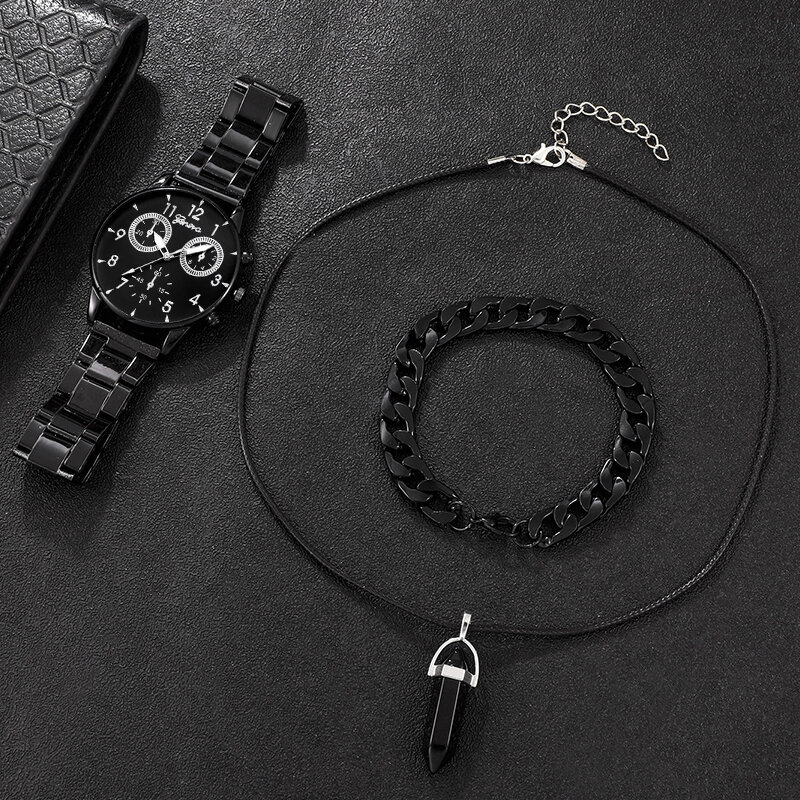 3PC Set Fashion Mens Business Watches Men Casual Black Bracelet Pendant Necklace Stainless Steel Quartz Watch Relogio Masculino