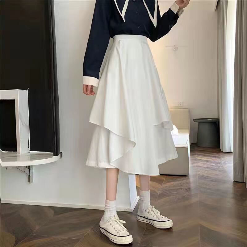 Gothic Irregular Skirts Women Y2k High Waist Cargo Midi Skirt Harajuku Vintage Punk Japanese Black Pleated Casual A Line Skirt F