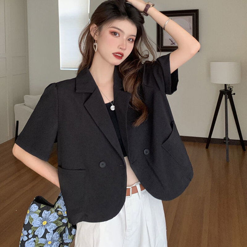 여성용 얇은 크롭 세트 재킷, 한국 패션, 단추 업 반팔 상의, 2024 단색, 와일드 오피스 코트, 여름