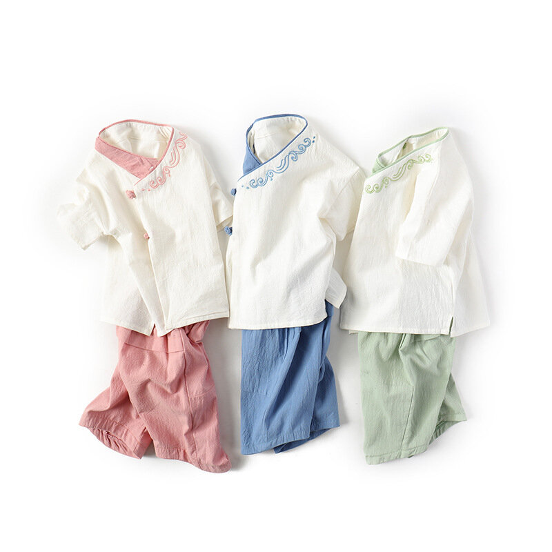 Set Celana Pendek Anak Laki-laki Dua Potong Leeve Hanfu Katun Baru Musim Panas Solid Setelan Tang Anak-anak Pakaian Tradisional Indah Tiongkok
