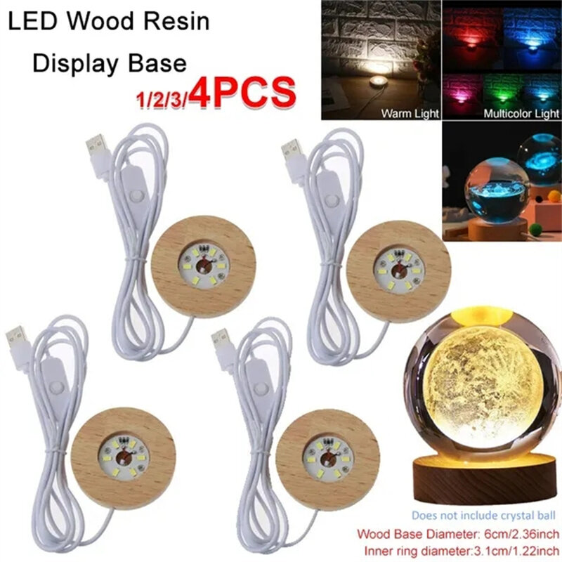 수제 LED 나무 수지 디스플레이 베이스 1/2/3/4 개, USB 원형 나무 야간 램프 베이스, 침실 수지 장식 스탠드, DIY 야간 조명