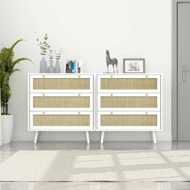 Dresser for Bedroom with 3 Drawers, Modern Wood 3 Drawer Dresser, Drawer with Spacious Storage Rattan Dresser for Bedroom