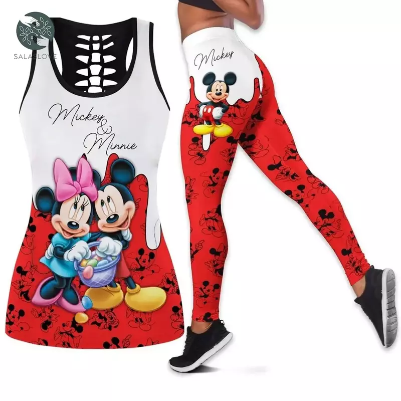 Disney-Conjunto de colete e leggings feminino Minnie Mickey Hollow, terno de ioga, leggings fitness, roupa esportiva, regata, legging