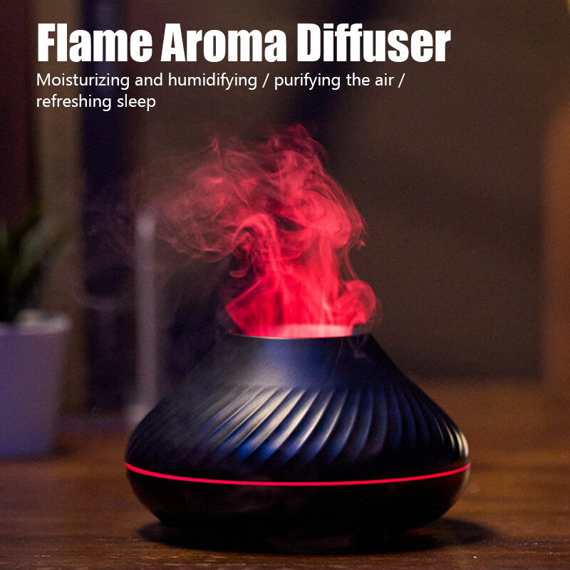 Pembaur Aroma Api Pelembap Udara Pembuat Kabut Ultrasonik Rumah Difusor Minyak Esensial dengan Pembersih Lampu Api Warna LED
