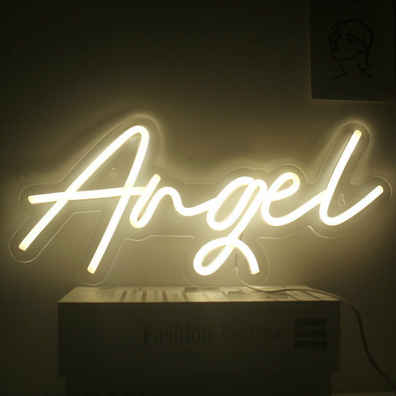 Anjo Neon Letter Sigh Warm LED Lights, Lâmpada de parede USB, Casa, Bares, Quarto, Casamento, Festival, Birthday Party, Decoração do quarto