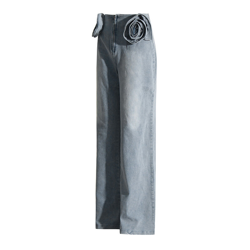 Женский джинсовый костюм с аппликацией, комплект из двух предметов, куртка с круглым вырезом и длинным рукавом, брюки с высокой талией и широкими штанинами, стрейчевая джинсовая одежда
