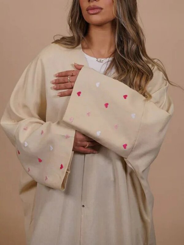 Eid Linen Abaya One Piece Open Cardigan with Heart Design Bat Sleeve Muslim Women Outwear 2024 Ramadan Dubai Arabic Kimono