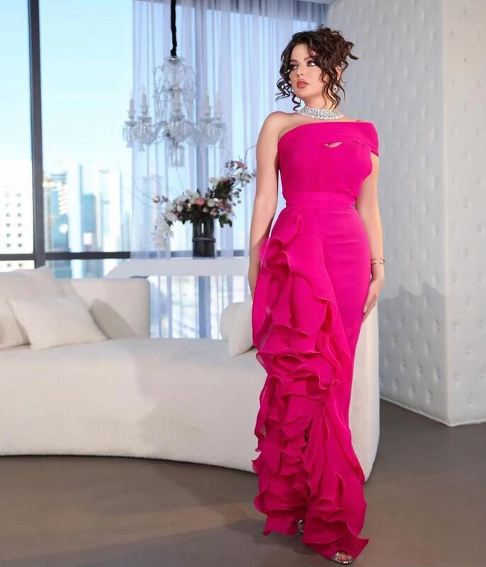 Glamour Bright Pink One Shoulder Floor Length Prom Dress Chiffon Sleeveless High Side Split Pleated Evening Party New 2023