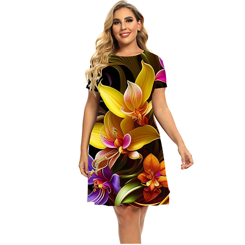 Robe trapèze à imprimé floral du matin Glory 3D pour femmes, tenue élégante décontractée à manches courtes, grande taille, été, 2023
