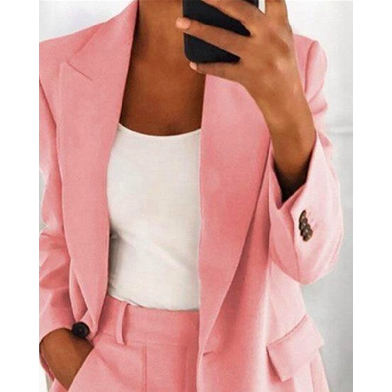 Herbst Frauen Single Button genähten Kragen Blazer Mode Femme Langarm Jacken Tasche Design Mantel elegante Büro-Outfits