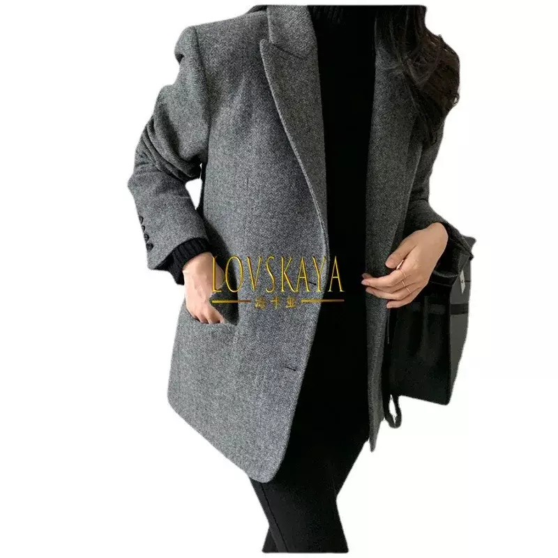 Jaket setelan wol serbaguna wanita, pakaian musim gugur musim dingin warna polos gaya baru