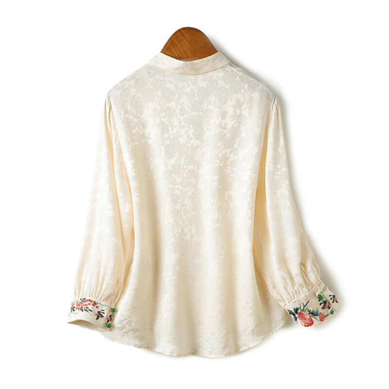 Satynowe bluzki damskie w stylu chińskim Letnie luźne długie rękawy Kwiatowe topy MODA Sprzedaż odzieży Vintage Haftowane koszule damskie