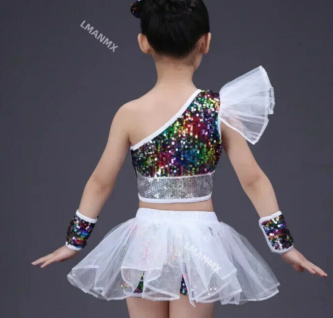 소녀용 재즈 댄스 스트리트 공연 의상, 어린이 현대 무용 모델 캣워크 스팽글 의상 스커트