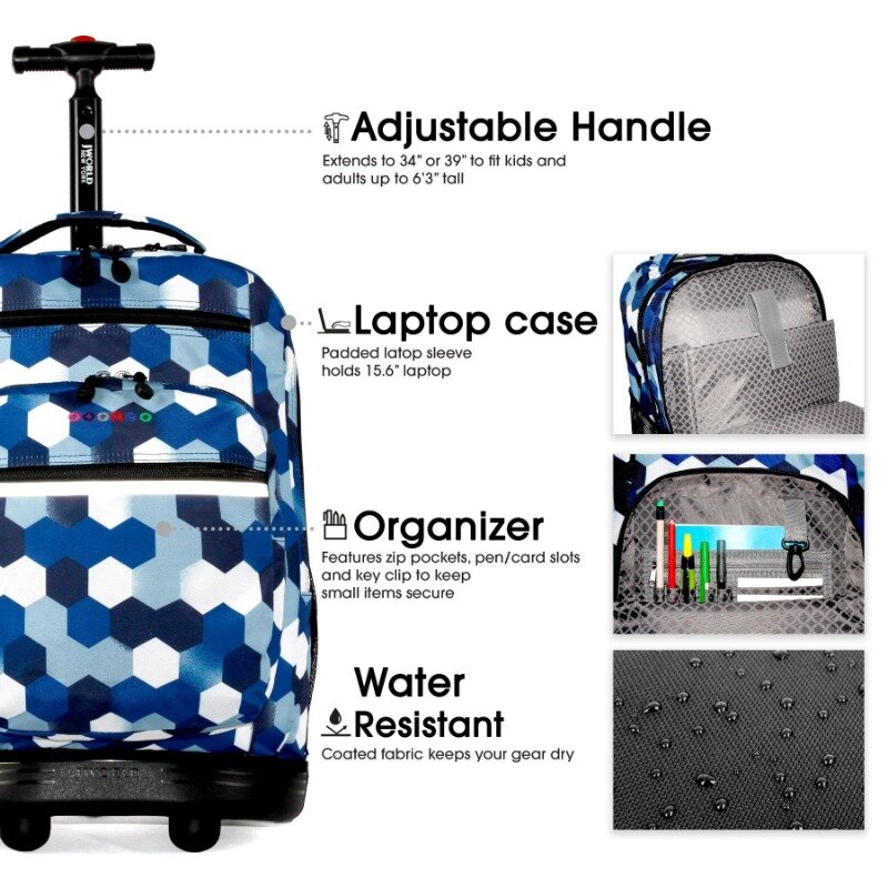 Rolling Backpack com Laptop Sleeve para escola e viagens, Block Navy, 20"