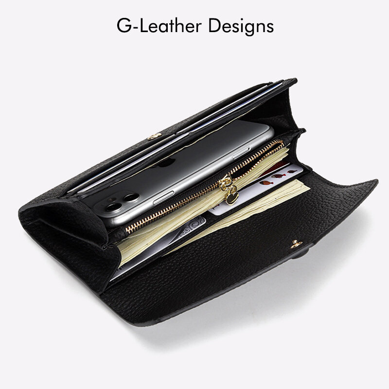 Genuine Leather Women Long Wallet Fashion Cowhide Bifold Envelope Clutch Bag Ladies Phone Purse