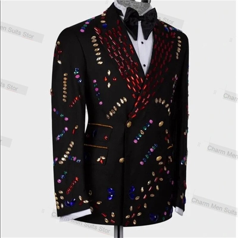 Роскошный черный мужской костюм, комплект из 2 предметов, блейзер + брюки, индивидуальный пошив, пиджак, офисные красочные кристаллы, свадебный смокинг для жениха, пальто для выпускного вечера