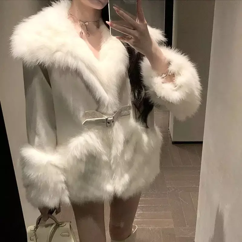 Lady Elegant Women Warm Oversized Real Fox Fur Collar Jacket Suede Coat Outerwear Streetwear
