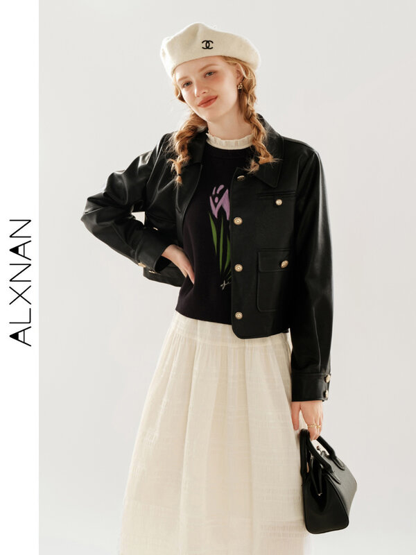 ALXNAN Vintage damskie kurtka Pu główna ulica 2024 modna, z klapami Oversize płaszcze ze sztucznej skóry casualowe przycięte ubrania wierzchnie TM00510